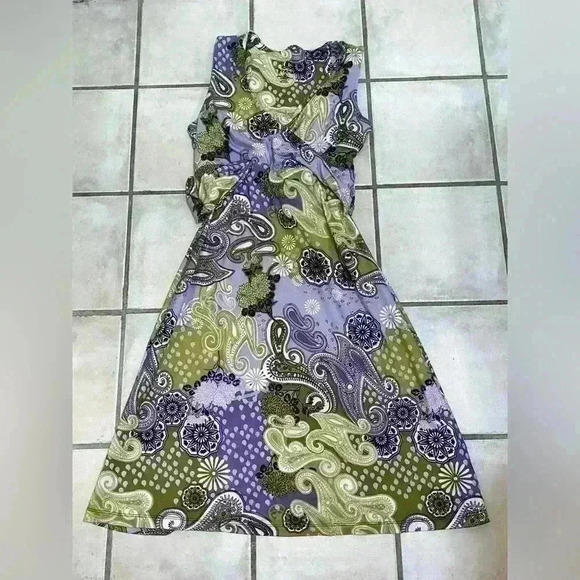 Prana Mikayla Green Purple Paisley Sleeveless V-Neck Wrap Activewear Dress Sz S - Picture 2 of 7